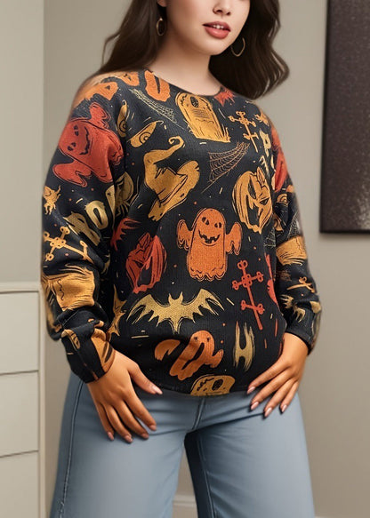 Black O Neck Print Cozy Knit Sweaters Fall