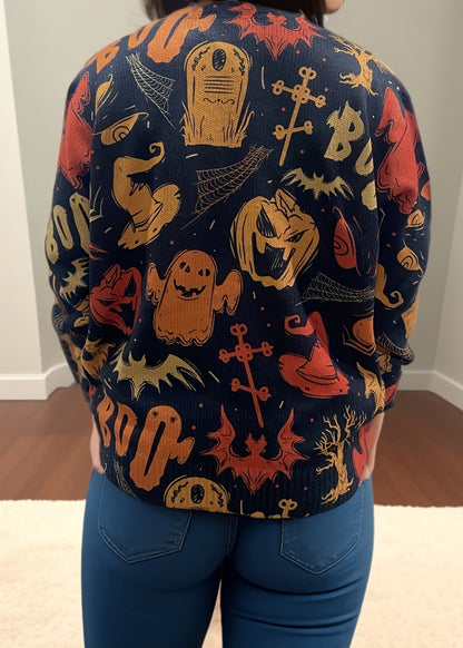 Black O Neck Print Cozy Knit Sweaters Fall