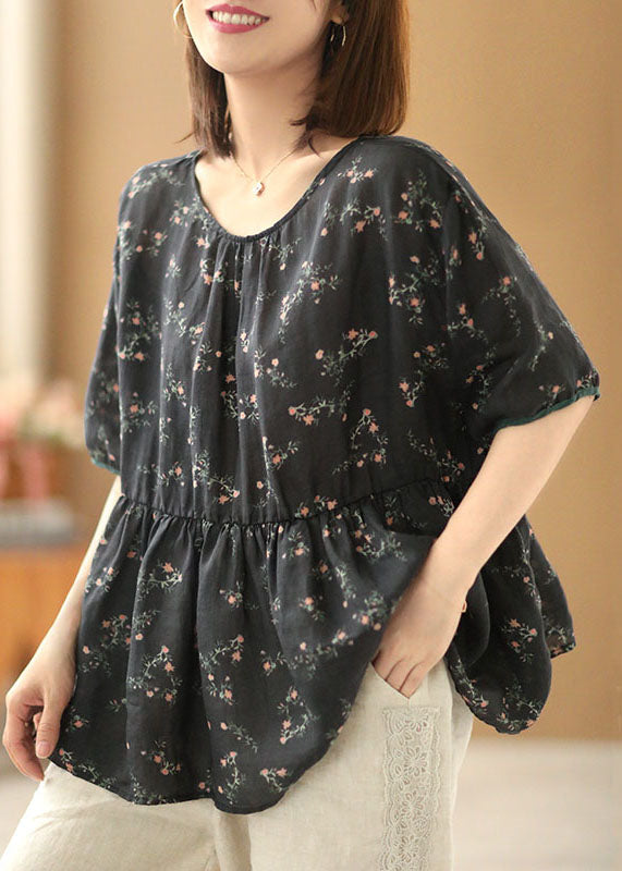 Black O-neck Print Linen Cinch Shirts Short Sleeve