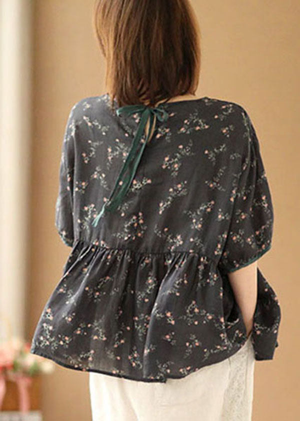 Black O-neck Print Linen Cinch Shirts Short Sleeve