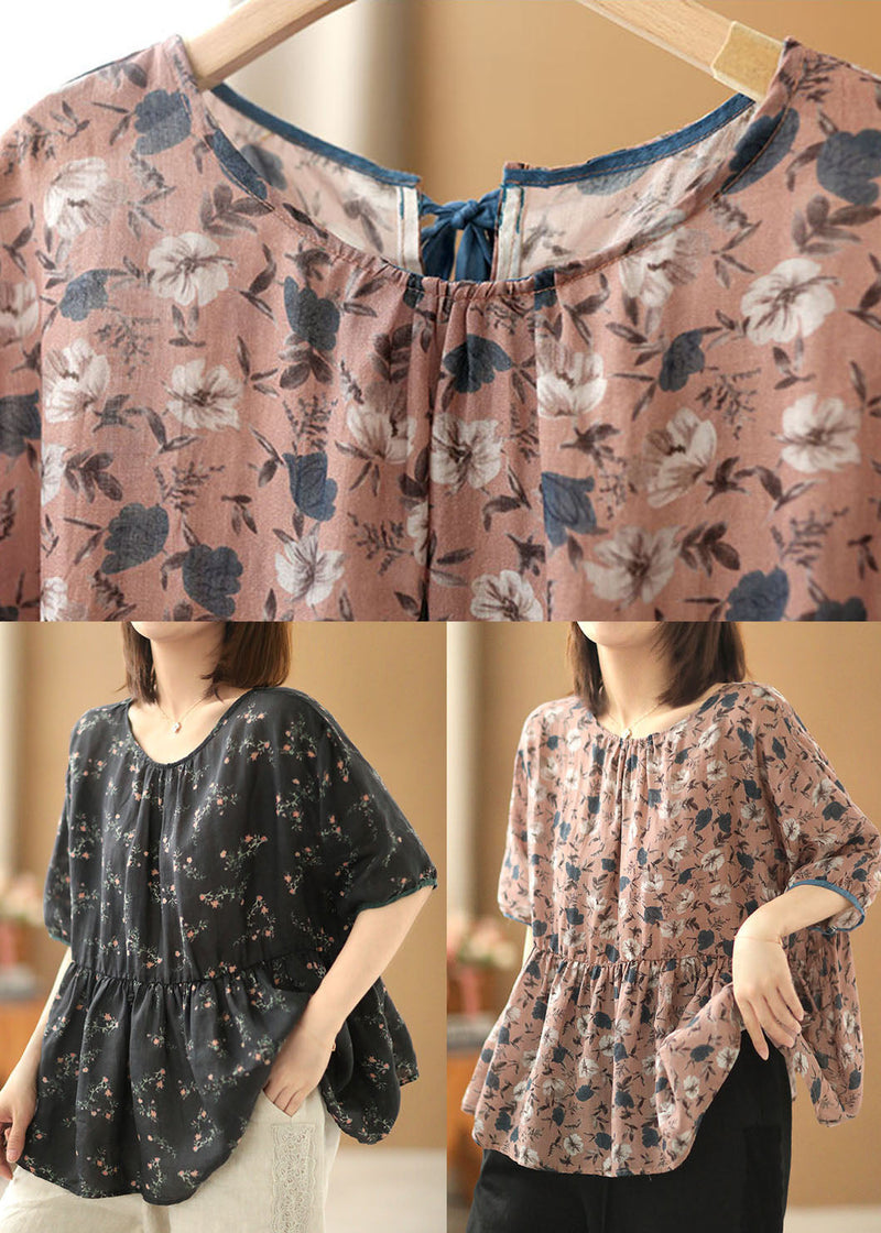 Black O-neck Print Linen Cinch Shirts Short Sleeve