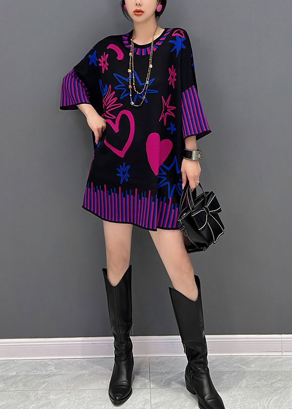 Black O-neck Print Thick Knit Sweater Fall