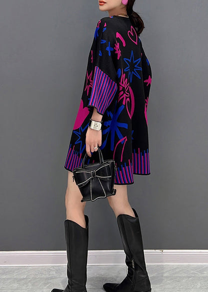 Black O-neck Print Thick Knit Sweater Fall