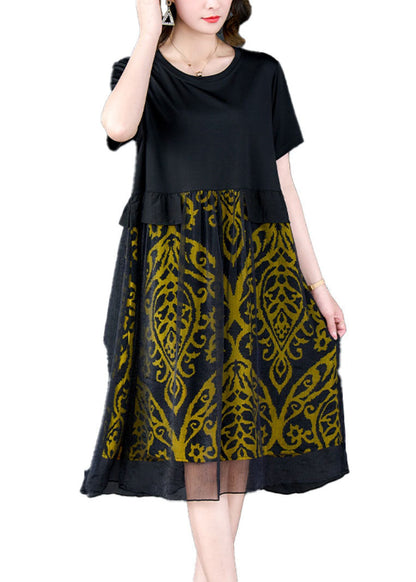 Black O Neck Print Wrinkled Patchwork Silk Dresses Summer