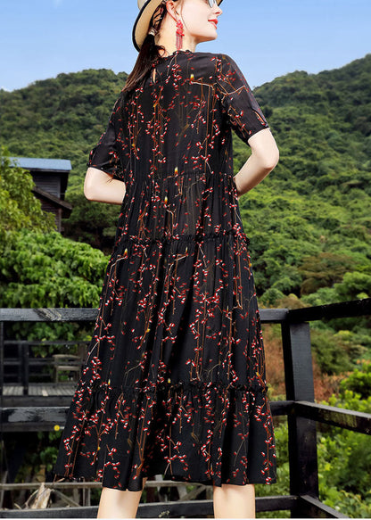 Black O-neck Ruffled Print Silk Maxi Dress Short Sleeve