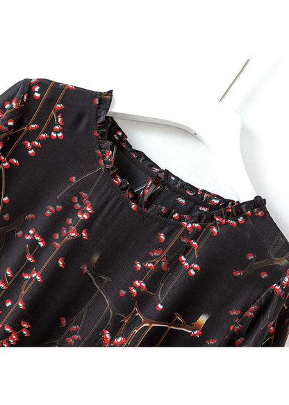 Black O-neck Ruffled Print Silk Maxi Dress Short Sleeve