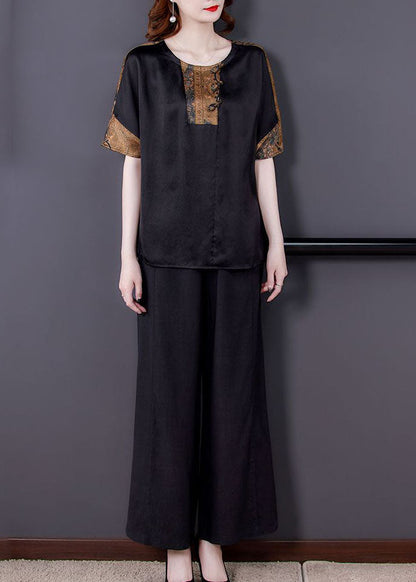 Black O-neck Tops and Pants Silk Two Pieces Set Summer
