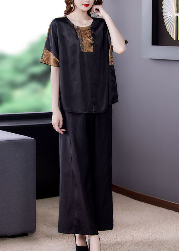 Black O-neck Tops and Pants Silk Two Pieces Set Summer