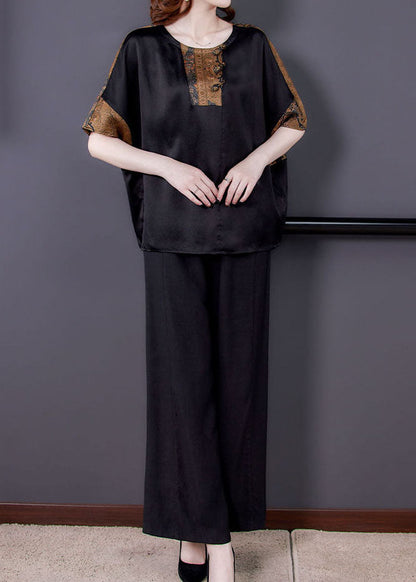 Black O-neck Tops and Pants Silk Two Pieces Set Summer