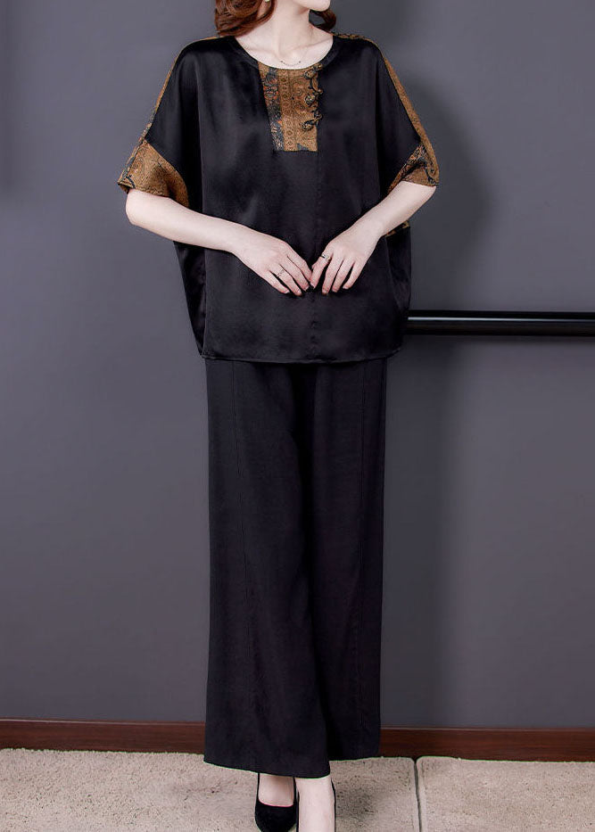Black O-neck Tops and Pants Silk Two Pieces Set Summer