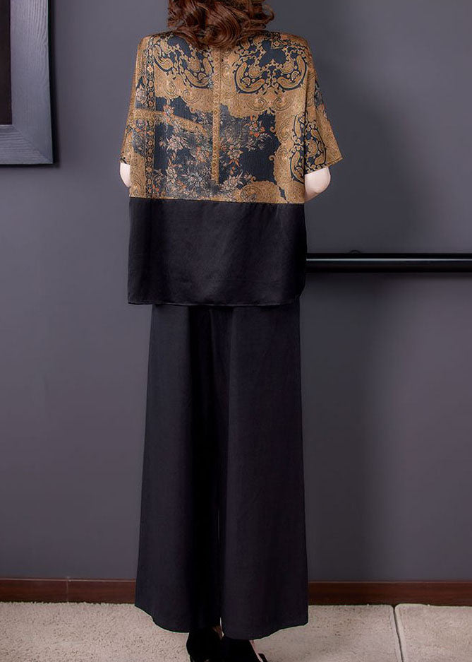 Black O-neck Tops and Pants Silk Two Pieces Set Summer