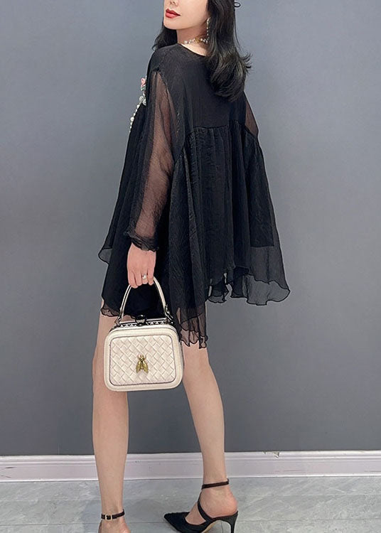 Black O Neck Wrinkled Patchwork Tulle Top Spring