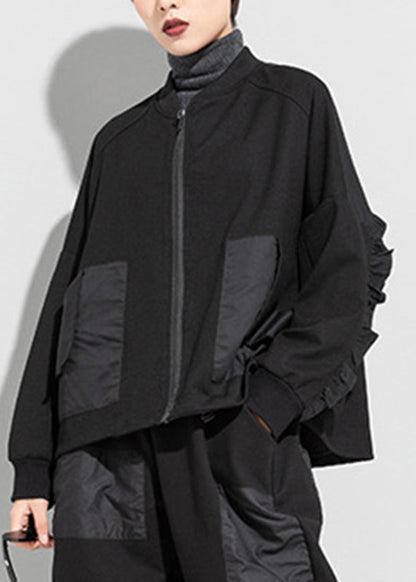 Black O-neck Zip Up Pockets Ruffles Patchwork Cotton Coats Long Sleeve