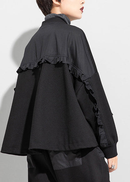 Black O-neck Zip Up Pockets Ruffles Patchwork Cotton Coats Long Sleeve