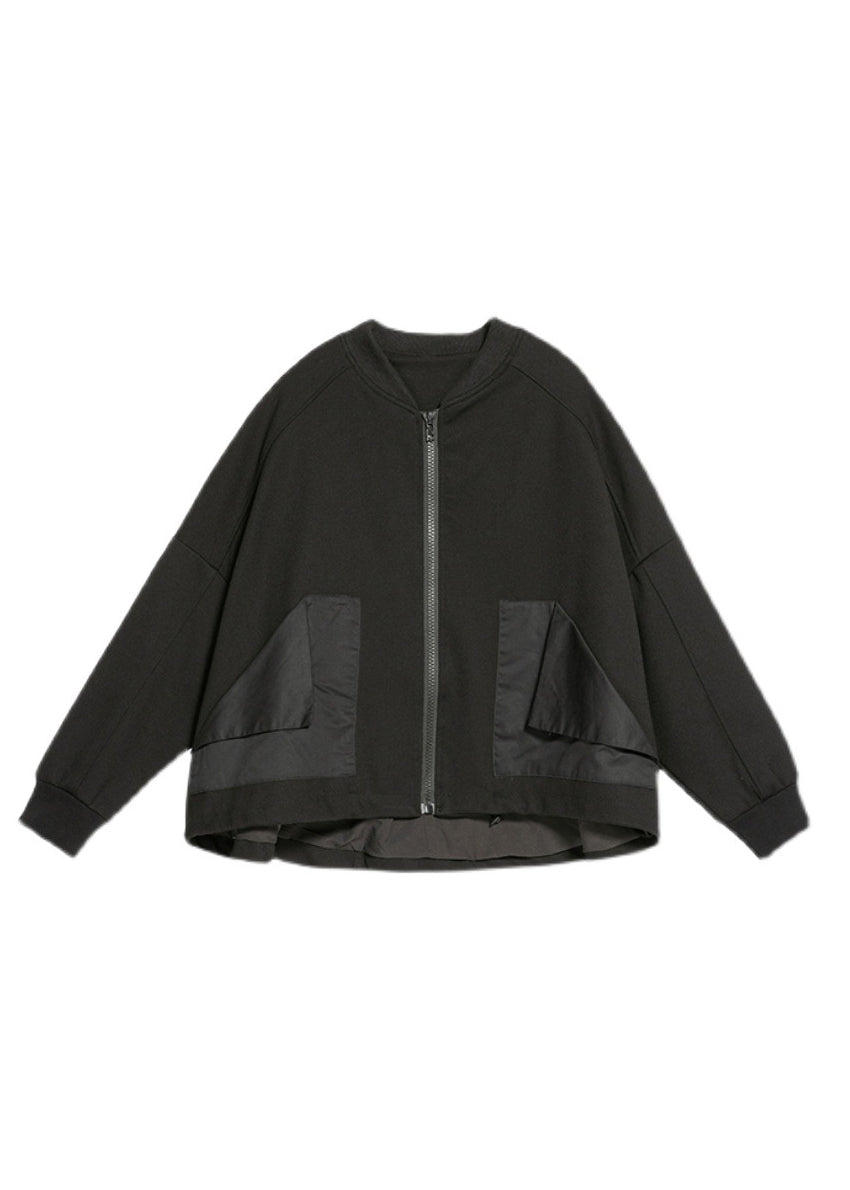 Black O-neck Zip Up Pockets Ruffles Patchwork Cotton Coats Long Sleeve