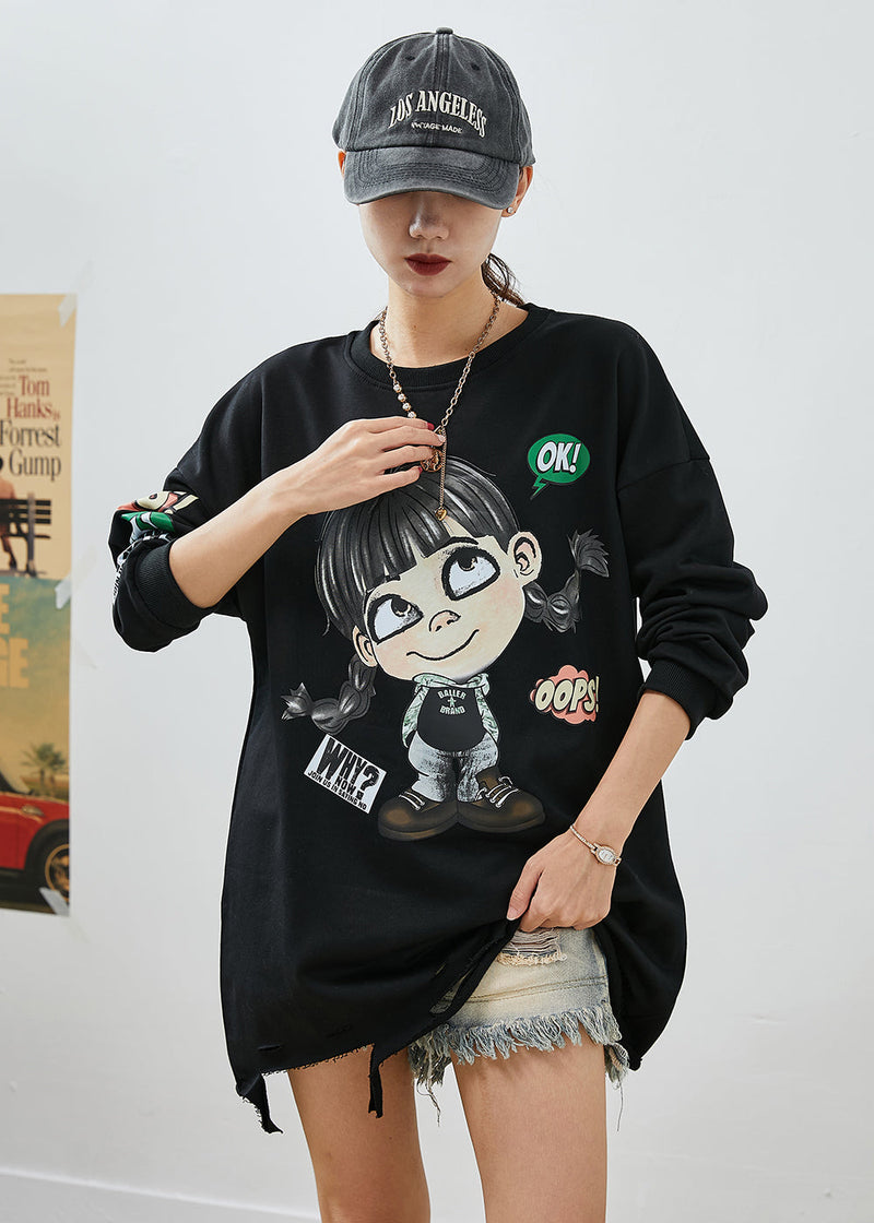 Black Oversized Cartoon Print Cotton Ripped Sweatshirts Top Fall