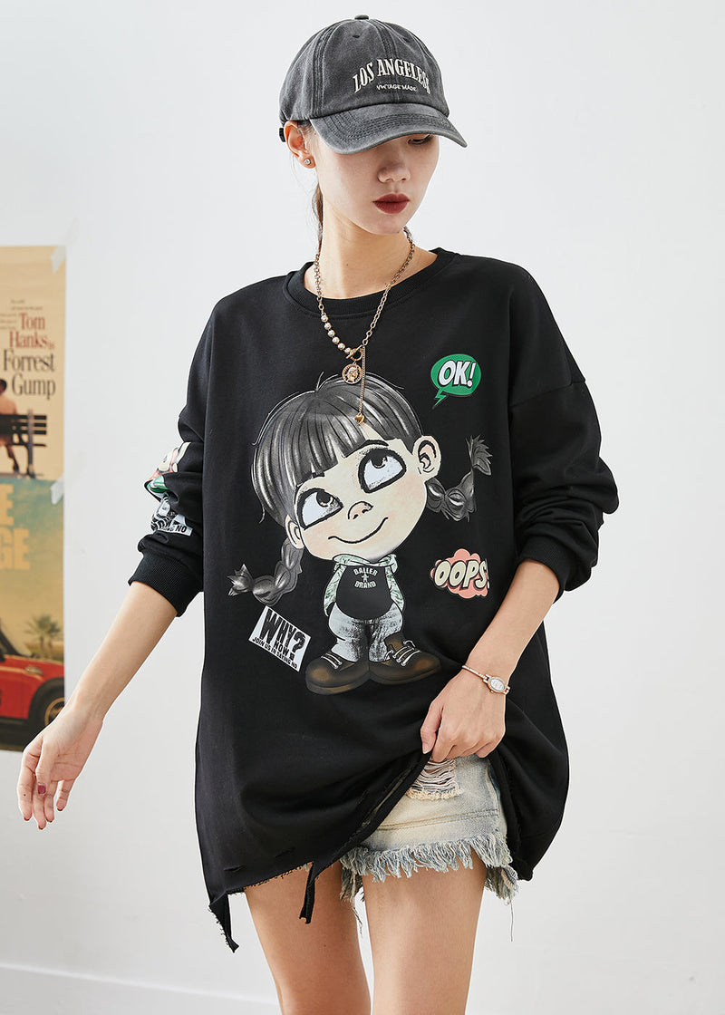 Black Oversized Cartoon Print Cotton Ripped Sweatshirts Top Fall