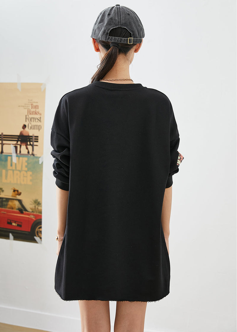 Black Oversized Cartoon Print Cotton Ripped Sweatshirts Top Fall