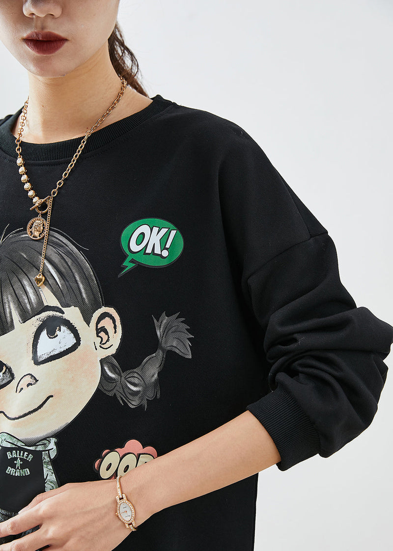 Black Oversized Cartoon Print Cotton Ripped Sweatshirts Top Fall