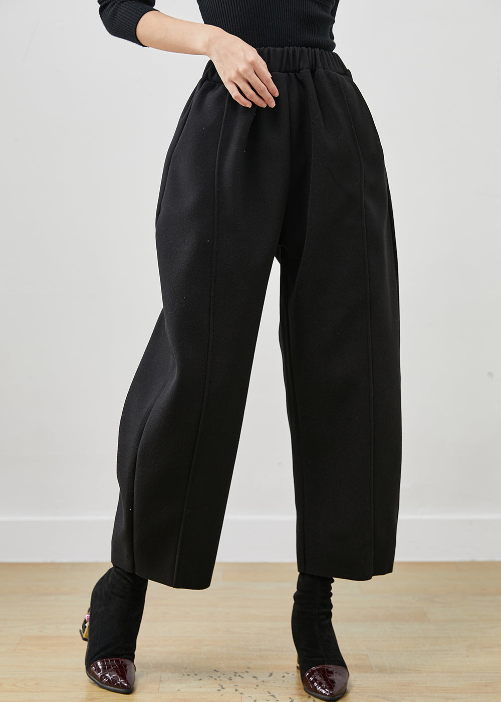 Black Oversized Elastic Waist Woolen Crop Pants Spring