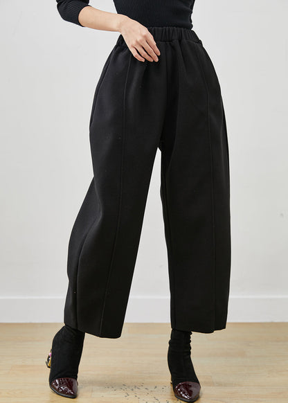 Black Oversized Elastic Waist Woolen Crop Pants Spring