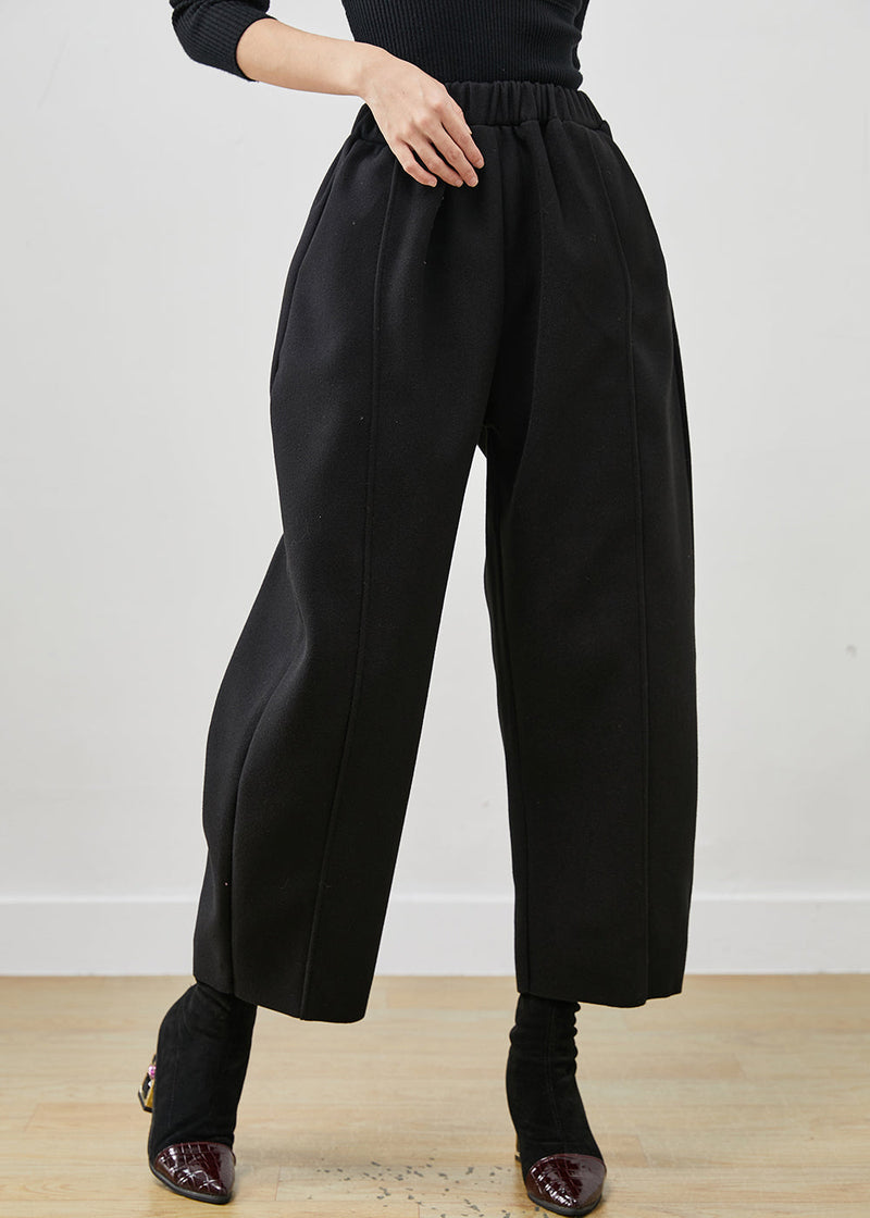 Black Oversized Elastic Waist Woolen Crop Pants Spring
