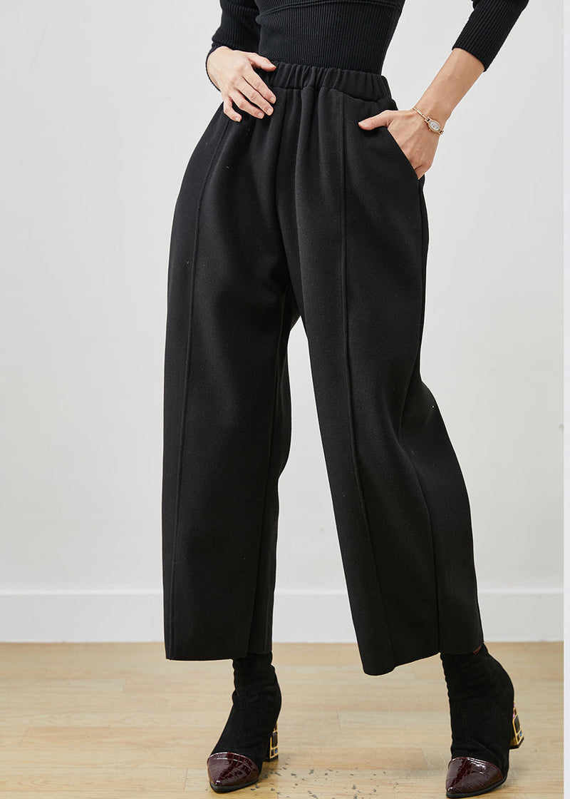Black Oversized Elastic Waist Woolen Crop Pants Spring