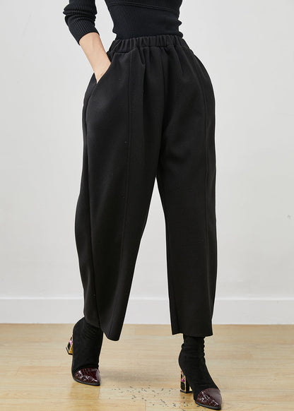Black Oversized Elastic Waist Woolen Crop Pants Spring