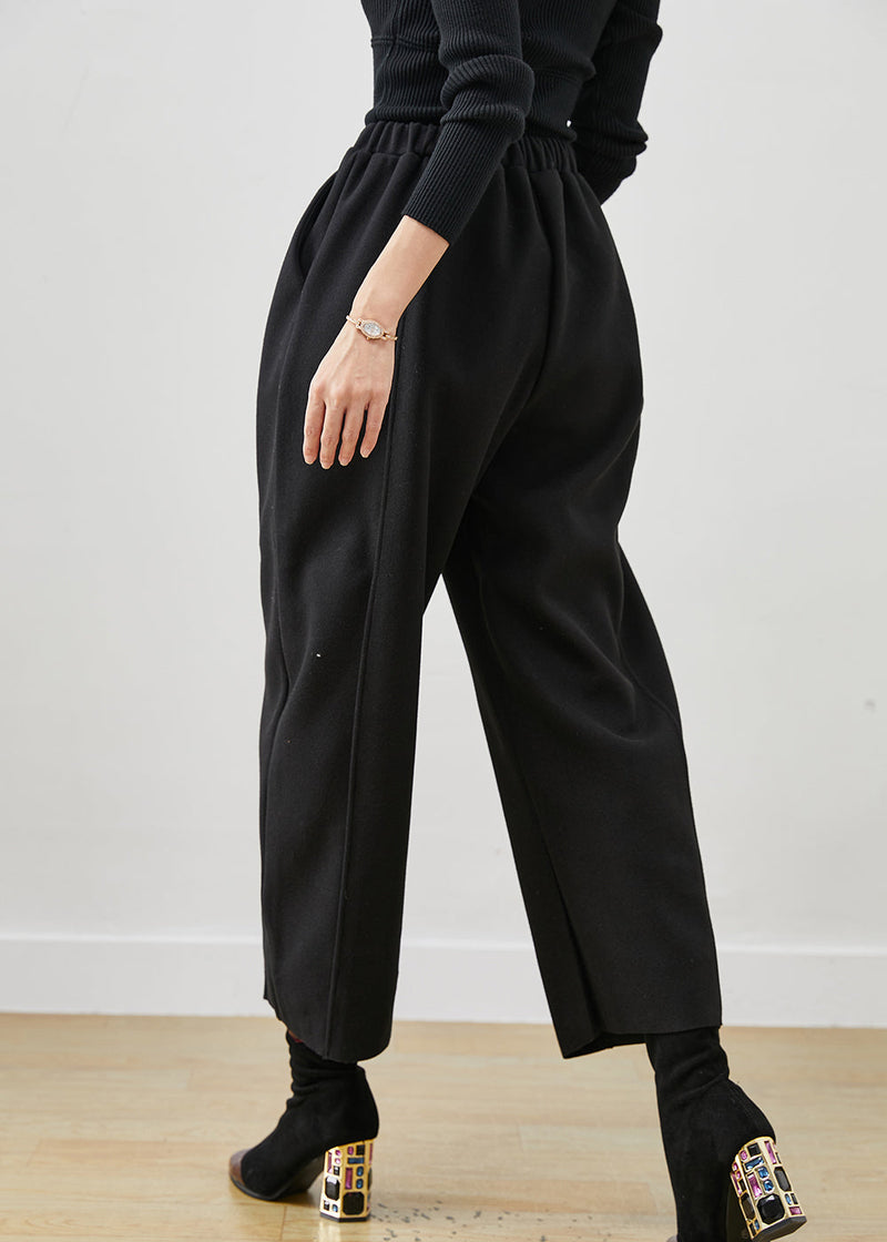 Black Oversized Elastic Waist Woolen Crop Pants Spring