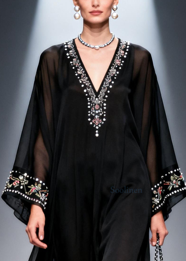 Black Oversized Fine Pearl Chiffon Party Dress Summer
