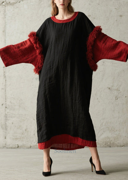 Black Oversized Patchwork Faux Fur Maxi Dresses Fall