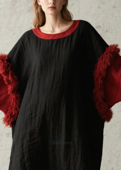 Black Oversized Patchwork Faux Fur Maxi Dresses Fall