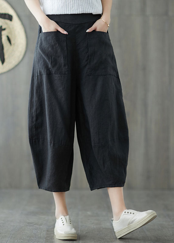 Black Oversized Patchwork Pockets Linen Harem Pants Summer