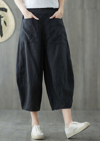 Black Oversized Patchwork Pockets Linen Harem Pants Summer