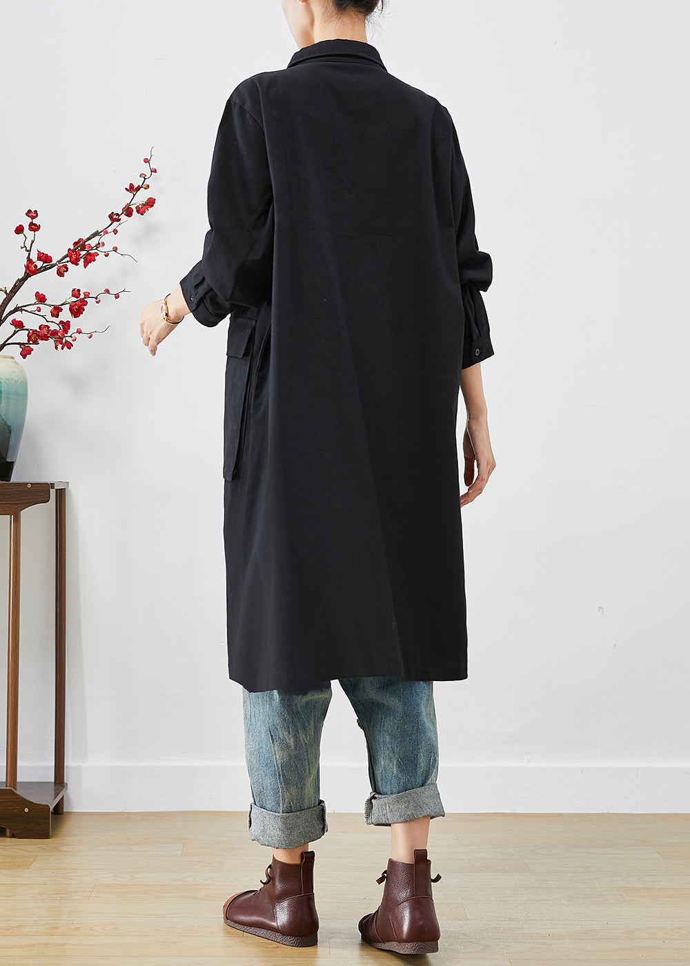 Black Oversized Pockets Cotton Trench Fall