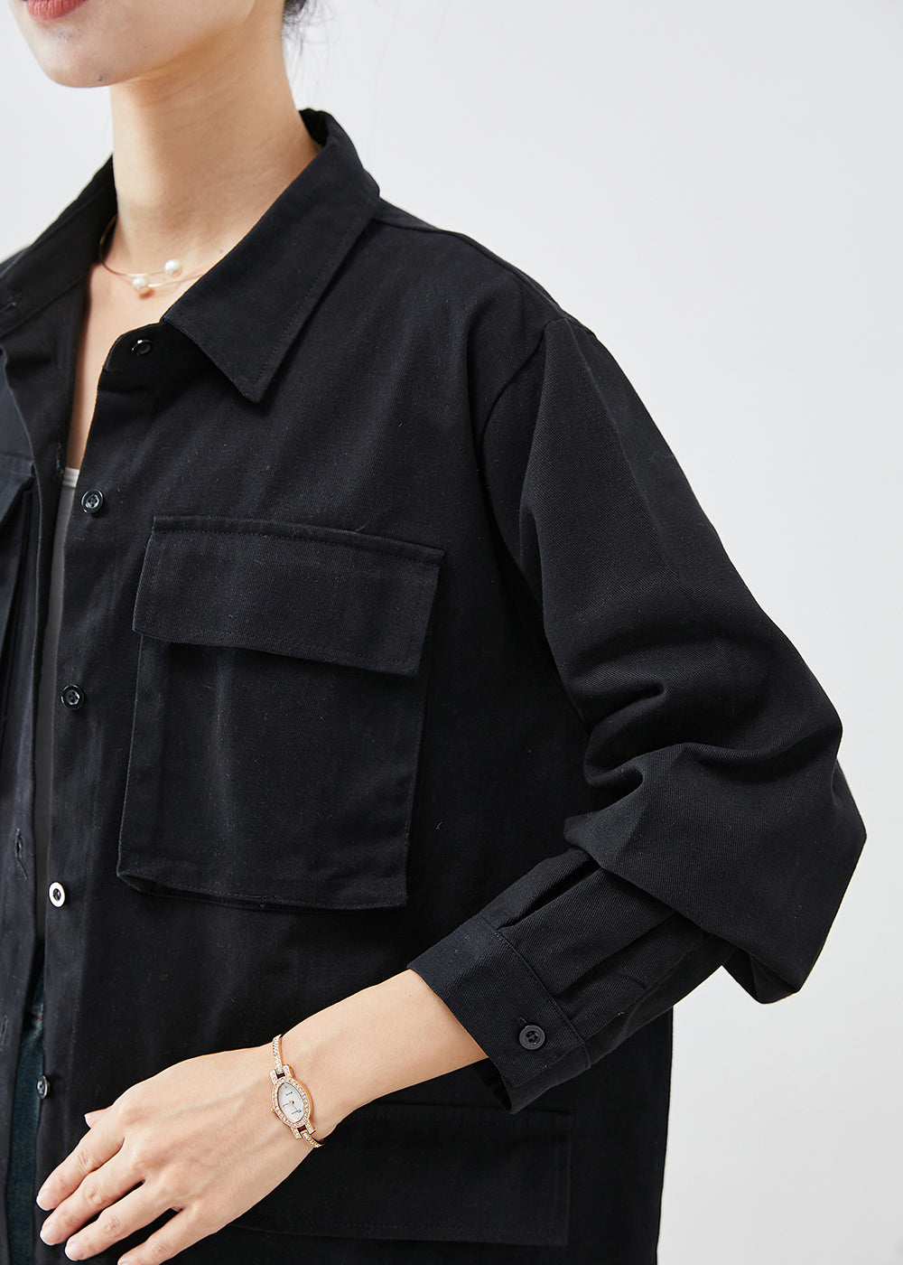 Black Oversized Pockets Cotton Trench Fall