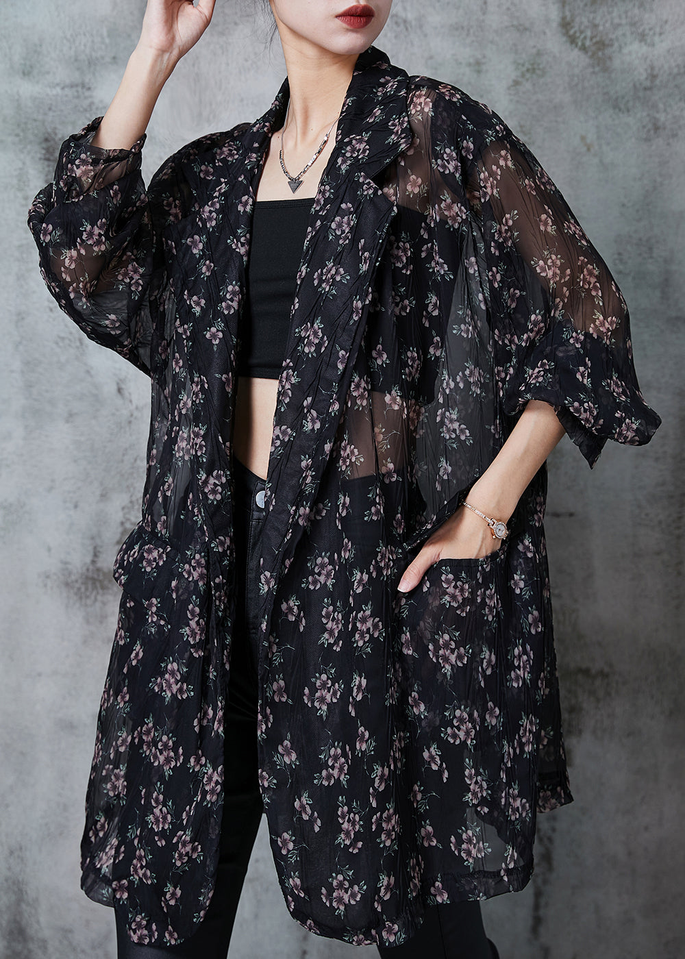 Black Oversized Print Chiffon Cardigan Summer
