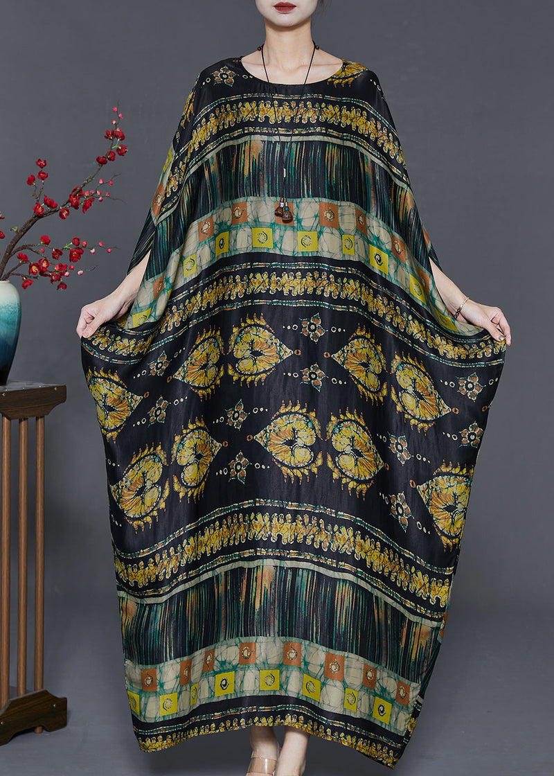 Black Oversized Print Silk Long Dresses Batwing Sleeve