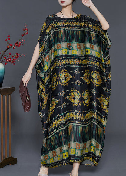 Black Oversized Print Silk Long Dresses Batwing Sleeve