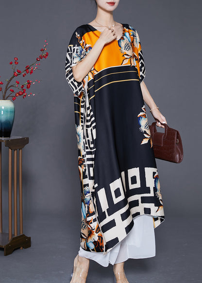 Black Oversized Print Silk Robe Dresses Batwing Sleeve