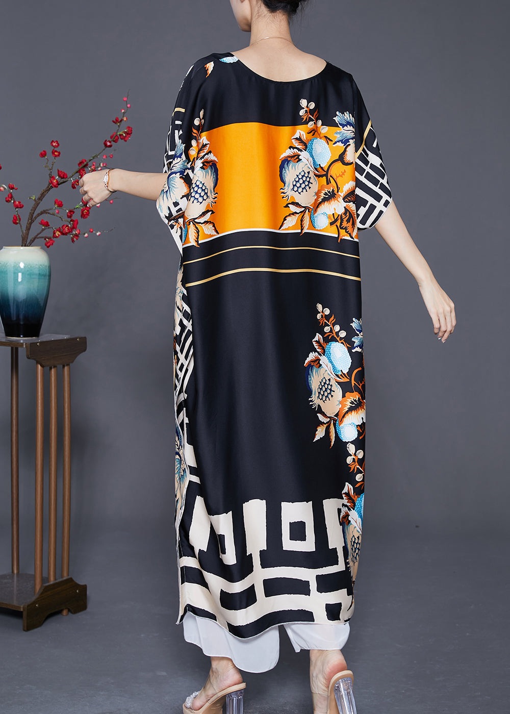 Black Oversized Print Silk Robe Dresses Batwing Sleeve
