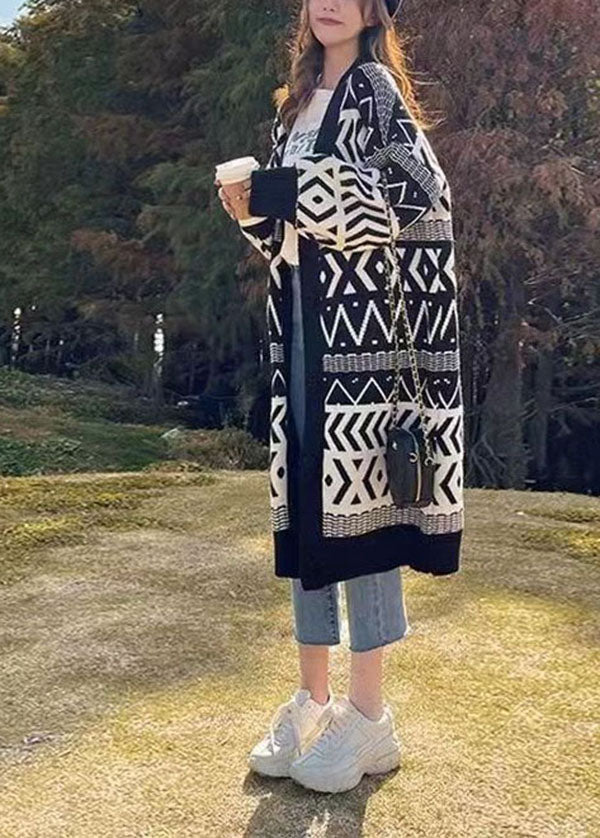 Black Oversized Print Thick Knit Loose Cardigan Winter