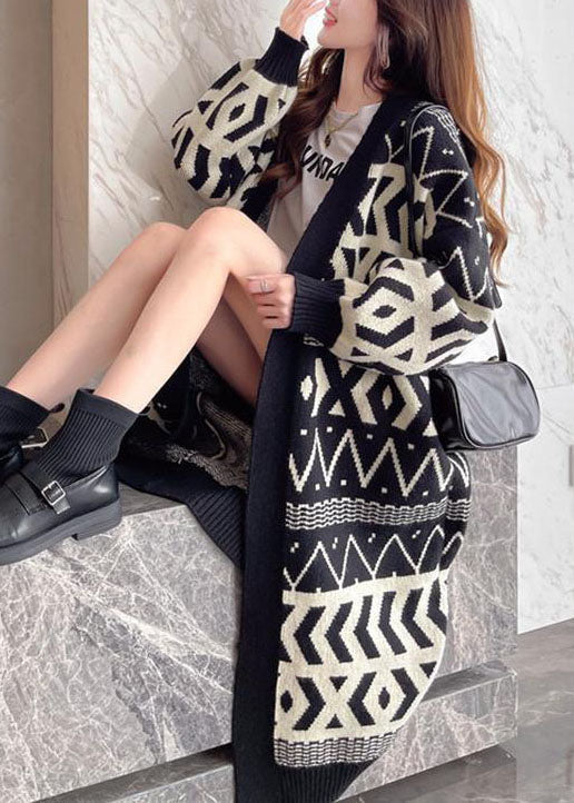 Black Oversized Print Thick Knit Loose Cardigan Winter