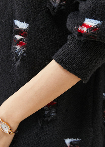Black Oversized Ripped Thick Knit Coat Spring