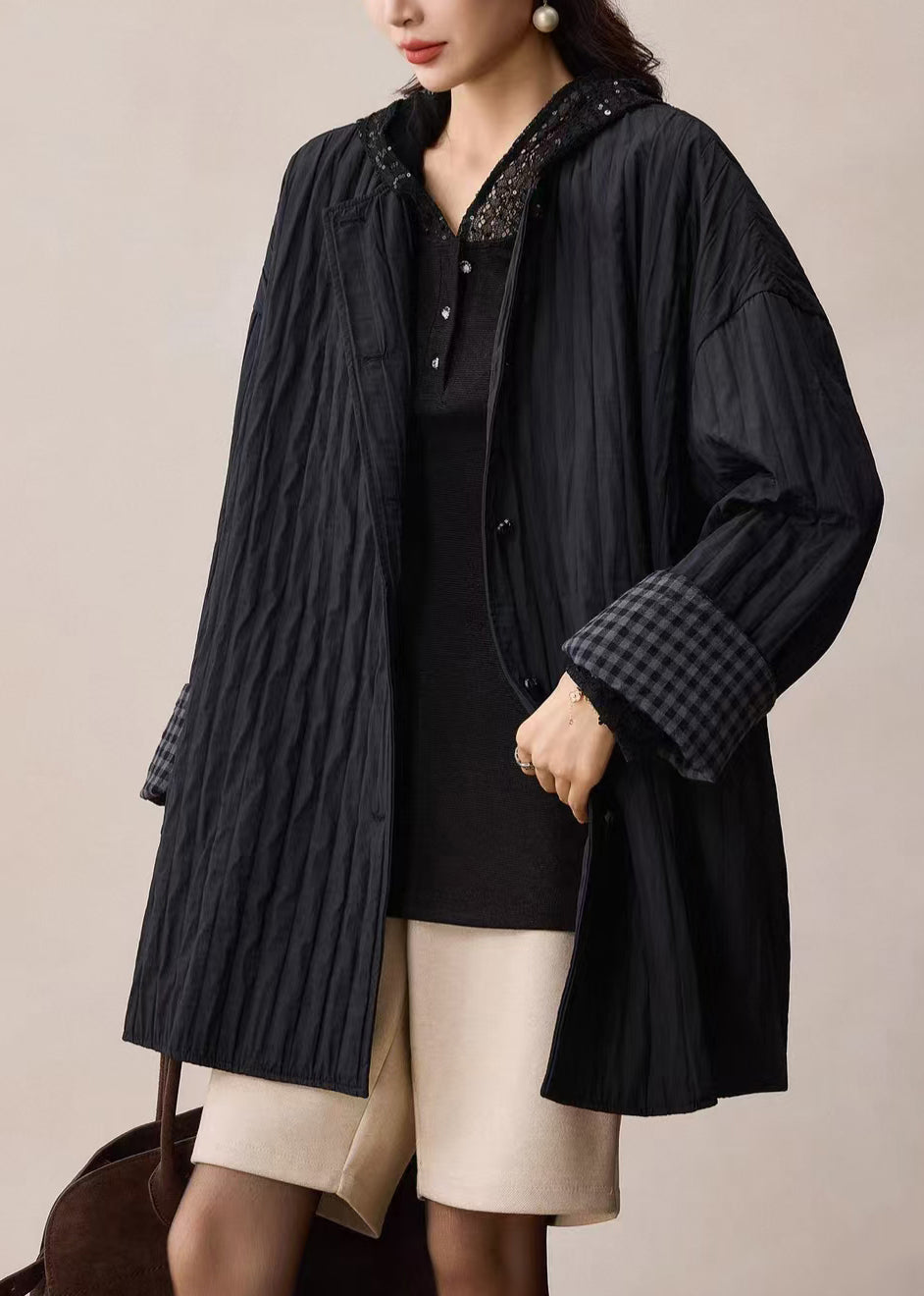 Black Oversized Wrinkled Cotton Coat Spring