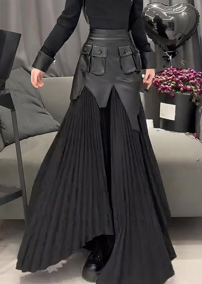 Black Pu Patchwork Wrinkled a Line Skirt Summer