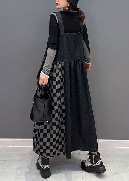 Black Patchwork Cotton Denim Strap Dresses Spring