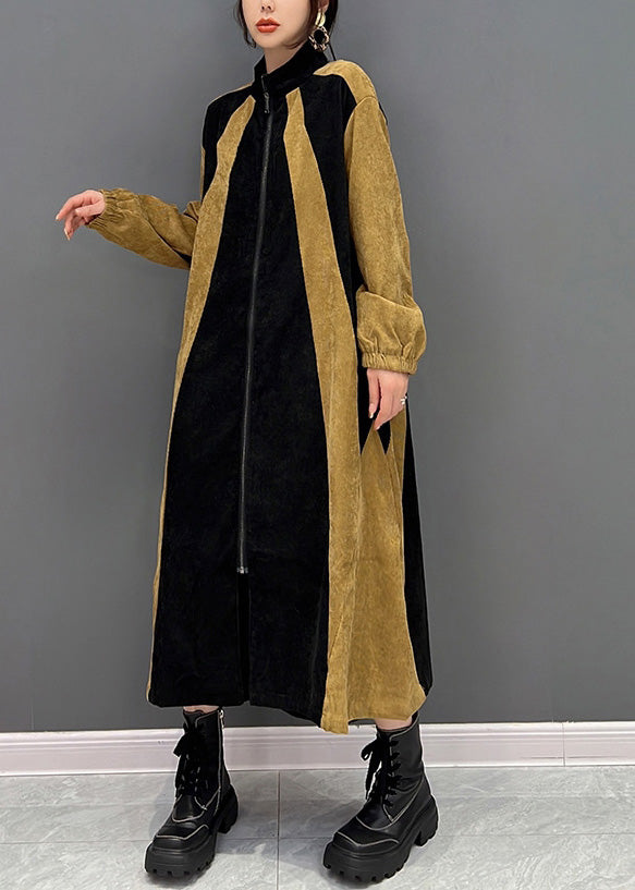 Black Patchwork Yellow Zippered Long Coat Spring