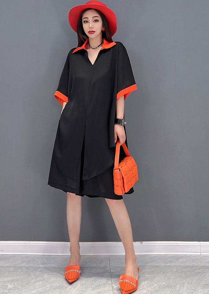Black Peter Pan Collar Patchwork Chiffon Long Shirt and Shorts Two Pieces Set Summer