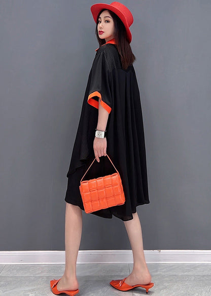Black Peter Pan Collar Patchwork Chiffon Long Shirt and Shorts Two Pieces Set Summer